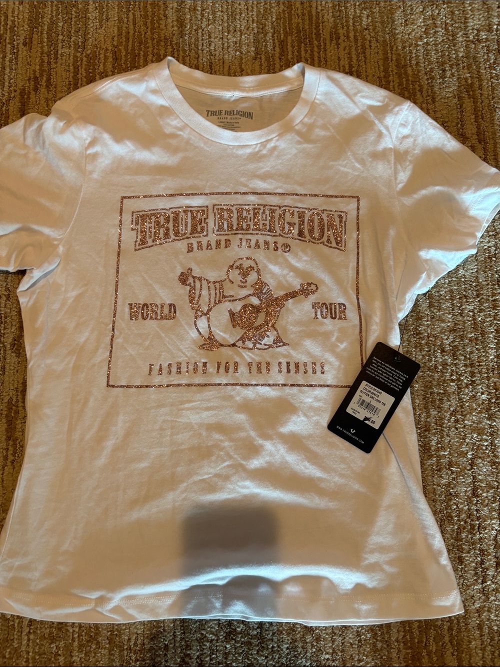 True Religion White Tee with Rose-Gold Metallic Logo SZ Large